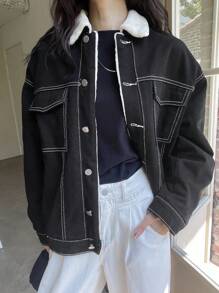 Dazy-Less 女式前扣长袖休闲保暖牛仔夹克 Old Money 风格，保暖内衬秋冬 - 黑色 - 查看 7