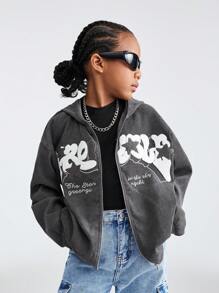 SHEIN Tween Girl 字母印花连帽拉链长袖运动衫（灰色） - 深灰色 - 查看 3