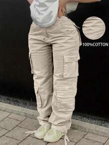 Plus Size Plain Front Button Casual Cargo Pants, Everyday Wear - Màu be - Xem 1