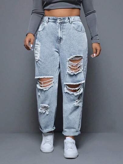 SHEIN ICON Plus Size Spring/Summer Casual Distressed Frayed Hem Tapered Jeans