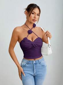 SHEIN PETITE 女士时尚性感纯色3D花朵吊带背心 - 紫色 - 查看 4