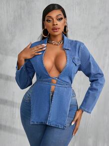 SHEIN ICON 大码女式牛仔上衣 性感紧身弹力绷带夹克 蓝色外套 万圣节派对秋季女装 万圣节风俗女式长袖衬衫 长袖蓝色紧身胸衣上衣 女式服装 女式紧身胸衣 演唱会服装 圣诞女装 - 中等水洗藍 - 查看 5