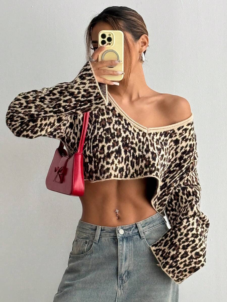 Flirla Leopard Sexy Sweater For Women, Casual Daily Wear,Long Sleeve Tops, Knit Pullover Fall Winter - Multicolor - View 1
