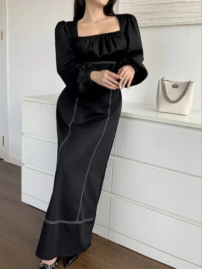 Modelyn Vestido maxi informal de mujer con cuello redondo, manga larga, plisado, minimalista, vestidos de noche largos