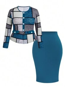 Maweii Plus Size Women's Spring & Autumn Geometric Print Crew Neck Long Sleeve Top And Pencil Skirt Elegant 2pcs Set - Blue - View 1