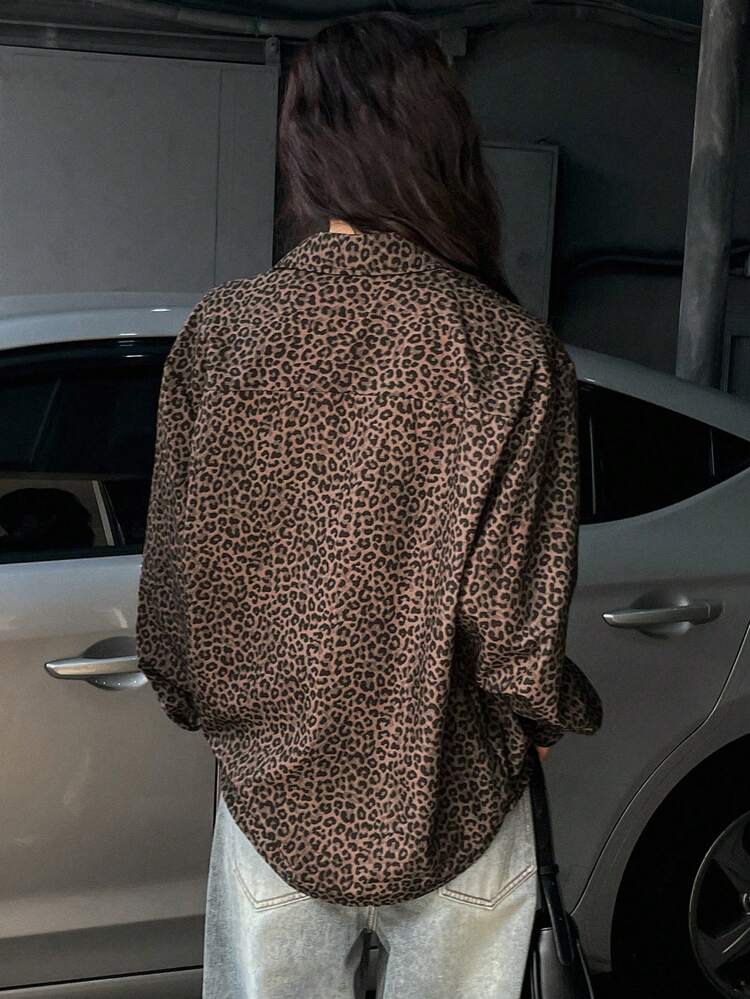 Women Loose Leopard Print Streetwear Shirt, Brown, Spring/Summer/Autumn Y2k,Back To School Clothes,Fall Women Clothes Long Sleeve Top