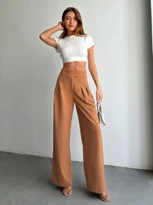 SHEIN PETITE 小码女式纯棉高腰褶饰直筒裤 - 米色 - 查看 5