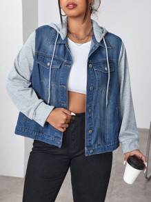 SHEIN EZwear Plus Size Hooded Contrast Color Pocket Front Button Long Sleeve Denim Jacket - Medium Wash - View 4