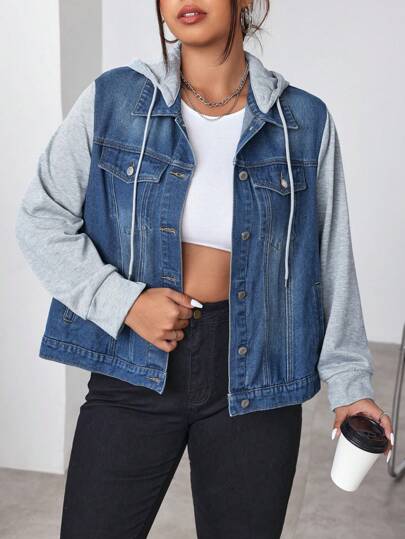 SHEIN EZwear 大码连帽撞色口袋前扣长袖牛仔夹克