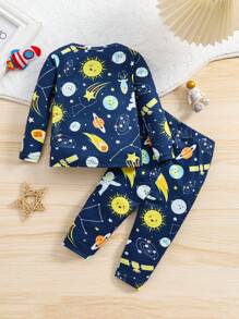 SHEIN Bộ đồ ngủ dài tay in hình hành tinh và phi hành gia hoạt hình cho bé trai 2 món vừa vặn phát sáng trong bóng tối - Nhiều màu - Xem 2