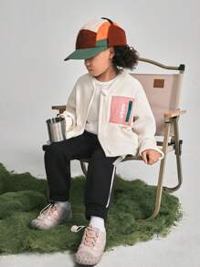 SHEIN Young Girls Color-Block Fluffy Brushed Fleece Letter Print Casual Jacket, Fashionable Street Style - Apricot - View 5