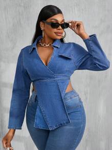 SHEIN ICON 大码女式牛仔上衣 性感紧身弹力绷带夹克 蓝色外套 万圣节派对秋季女装 万圣节风俗女式长袖衬衫 长袖蓝色紧身胸衣上衣 女式服装 女式紧身胸衣 演唱会服装 圣诞女装 - 中等水洗藍 - 查看 4