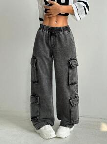 SHEIN EZwear Dames Casual Losse Lage Taille Wijde Pijpen Jeans Met Zakken, Zwart