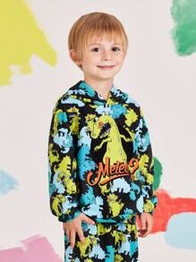 Nick 90s X SHEIN Conjunto de 2 peças/conjunto de moletom com capuz e calça de moletom com estampa fluorescente de dinossauro para meninos