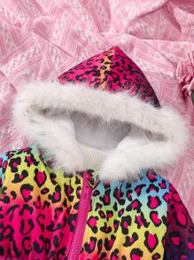 Casaco de manga comprida com capuz e estampa de leopardo para bebé menina, outono/inverno - Multicolorido - Ver 3