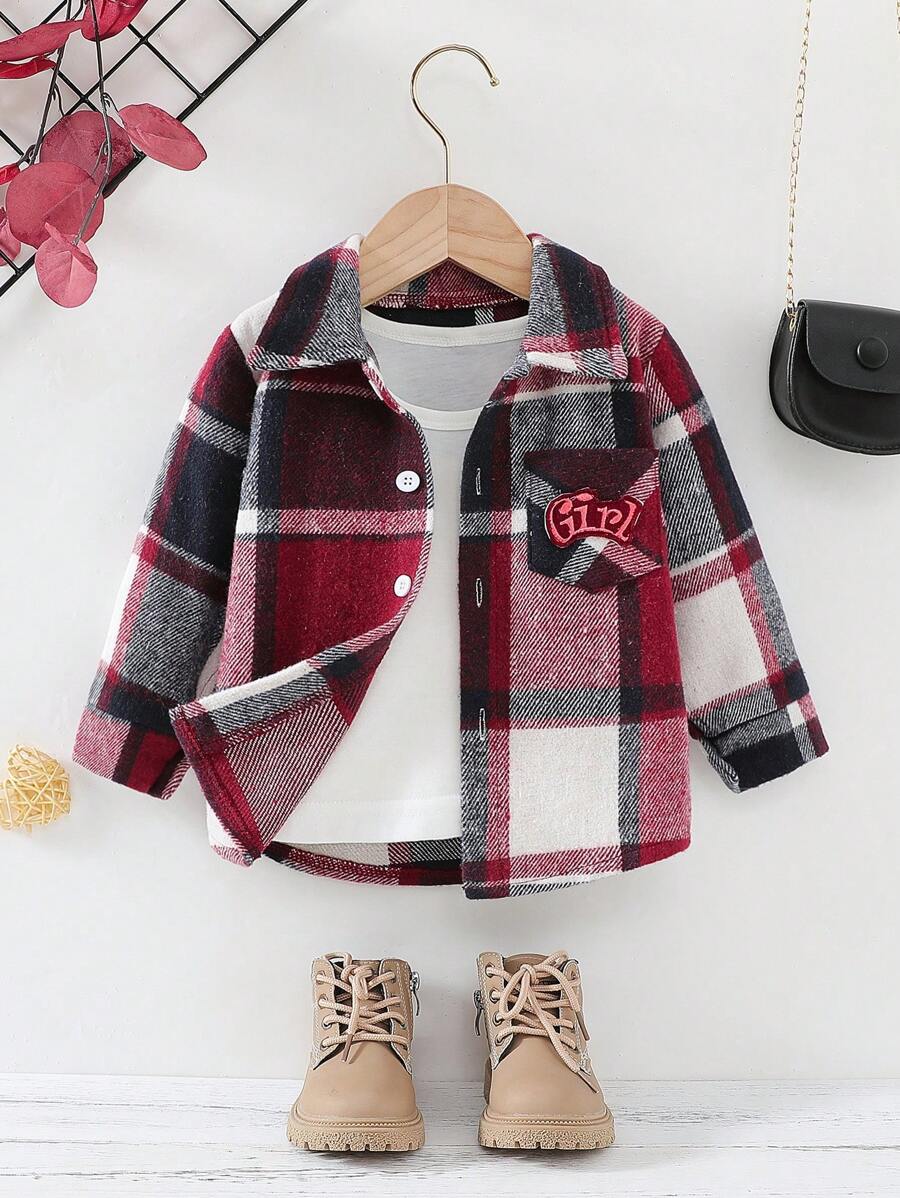 Baby Girl Button Front Long Sleeve Plaid Jacket, Casual Everyday - Burgundy - View 1