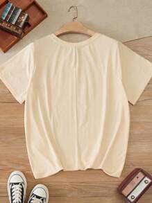 SHEIN CURVE+ Curve Plus 冬秋季休闲简约图案圆领短袖 T 恤，女款教师款 - 杏色 - 查看 5