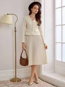 Vintamour 2pcs Vintage Elegant Women V-Neck Long Sleeve Top & A-Line Pleated Skirt Suit, Casual Office Wear Fall Women Clothes White Dress Long Sleeve Jacket Women Skirt Set Fall Women Skirts Homecoming Dress Thanksgiving Fall Two Pieces Sets Fall Skirts Christmas Women Clothes Winter Skirt Outfit Sets Winter Women Clothes Christmas Women Dress Fall Women Outfits Long Fall Dress Winter Women Jacket Women Fall Sets Winter Women Sets Fall Sets