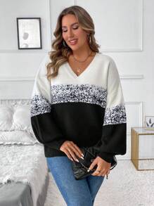 SHEIN LUNE Pull ample décontracté à col en V, manches longues, dégradé noir et blanc contrastant, tenue décontractée femme, tenue de vacances, hauts de campagne