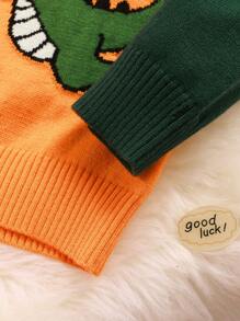 Baby Boys Knitted Sweater With Dinosaur Jacquard Pattern, Fashionable Winter Outfit