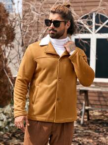 Manfinity Homme Chaqueta casual de una sola hilera de botones con cuello de solapa y mangas largas de color block para hombres, de gamuza, para otoño e invierno, chaqueta de hombre, cálida y esponjosa para el invierno, regalo para el novio, chaqueta cálida de salida en color caqui - Mostaza Amarilla - Ver 3