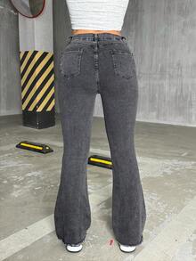 Women's Dark Gray Stretch Flared Jeans, Everyday Comfort Casual Style - 深灰色 - 查看 5