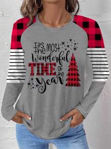 INAWLY Women's Casual Christmas Tree & Slogan Printed Round Neck Long Sleeve T-Shirt, Spring & Autumn Graphic Tees Women Tops For Spring Outfit - Multicolor - View 1