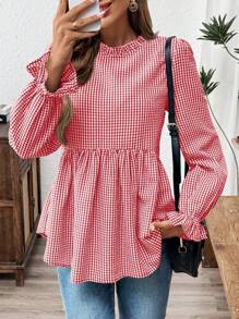 SHEIN LUNE Neckline Ruffle Hem Gingham Long Sleeve Casual Blouse With Frilled Edges On The Sleeves And Collar