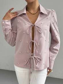 SHEIN Clasi 女式春夏仿珍珠装饰长袖前系带宽松衬衫 - 藕粉色 - 查看 5