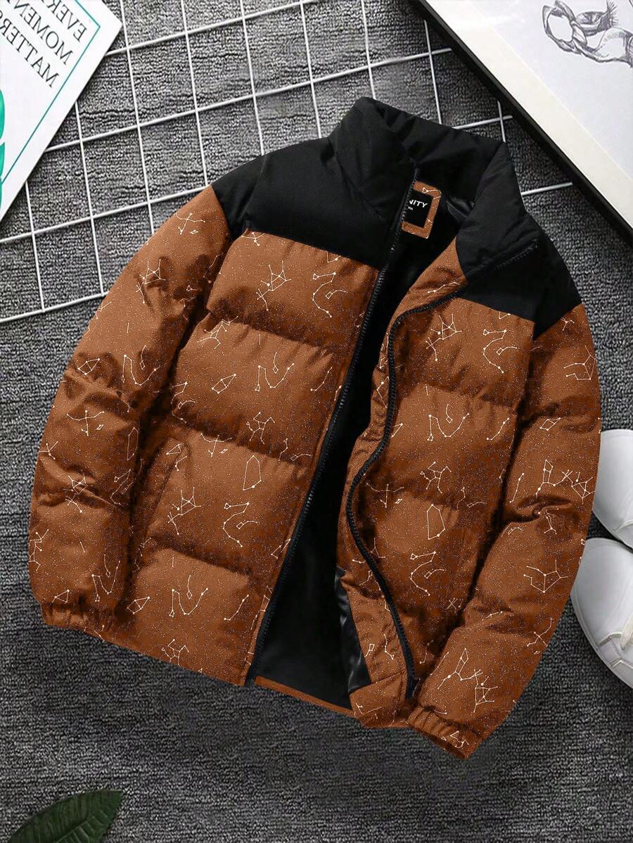 Manfinity Hypemode Chaqueta tipo plumón con cremallera y estampado gráfico oversize para hombre - Naranja - Ver 1