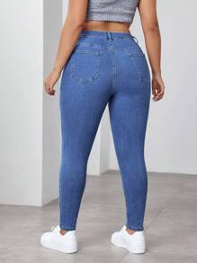 SHEIN ICON Quần Jeans Skinny Túi Màu Trơn Cỡ Lớn - Rửa trung bình - Xem 2