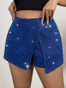 SHEIN EZwear 派对用闪光亮片大码迷你短裤裙 - 藍色 - 查看 5