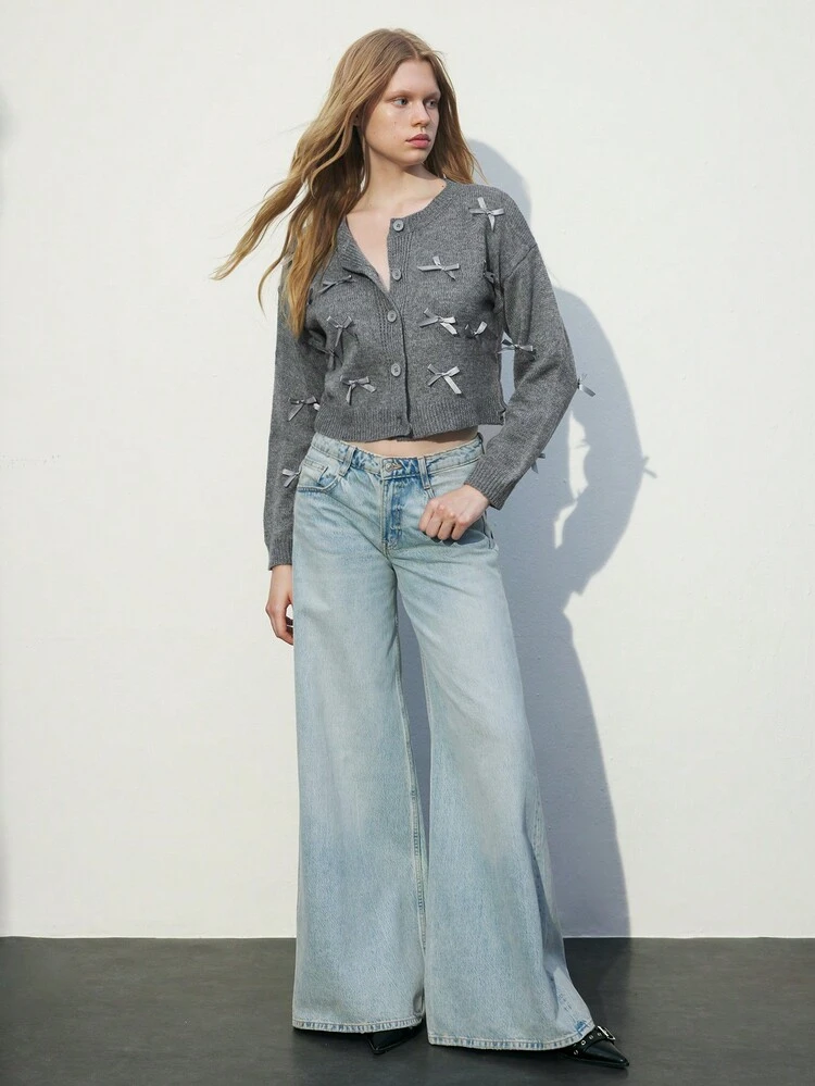 SHEIN Maija Women's Gray Single-Breasted Bowknot Decor Dropped Shoulder Long Sleeve Cropped Cardigan, Autumn/Winter