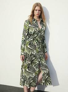 Maija 女士绿色热带植物印花长袖衬衫裙，度假 - 綠色 - 查看 6