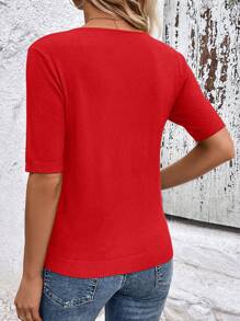 SHEIN Clasi 纯色 V 领短袖简约常规毛衣，休闲日常穿着 - 紅色 - 查看 2