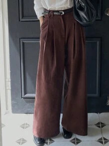 DAZY Women's Loose Fit Wide Leg Pants With Pockets Business Attire - Brown - View 5