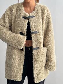 Lunelith SHEIN Lunessa Giacca casual e di moda in pile a maniche lunghe, spalle a caduta, con design a bottoni, adatta per l inverno delle donne