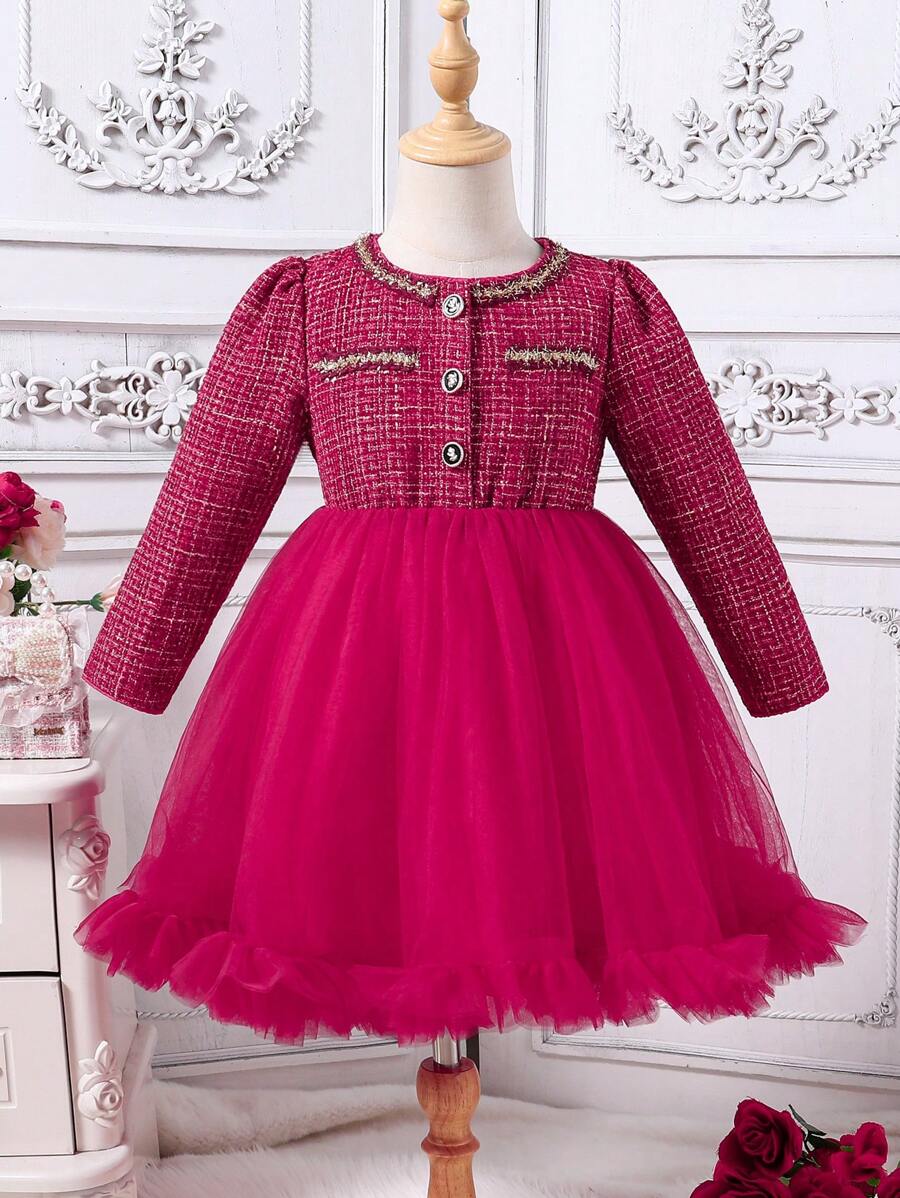 Young Girl Urban Red Tweed Contrast Mesh & Ribbon Accent Decorated Dress - Burgundy - View 1