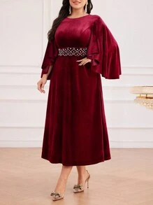 Modelyn Burgundy Red Plus Size Women's Spring & Autumn Elegant Dress With Pearl Decor & Ruffle Sleeves Long Evening Dresses - Burgundy - View 7