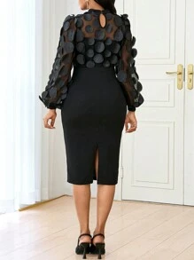 SHEIN Lady Black Polka Dot Three-Dimensional Embroidered Mesh Stitching Small Stand-Up Collar Long Sleeve Mid-Length Hip Skirt For Women Women Midi Dresses 2024