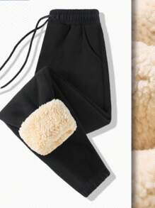 DAZY Pantalon de survêtement noir décontracté à doublure thermique et cordon de serrage pour femmes, joggers pour femmes