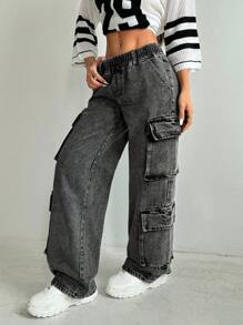 SHEIN EZwear Dames Casual Losse Lage Taille Wijde Pijpen Jeans Met Zakken, Zwart