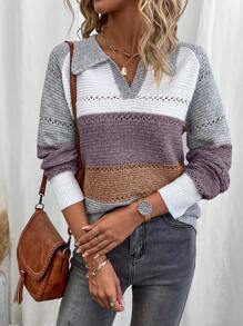 SHEIN LUNE Solid Color Patchwork Long Sleeve Minimalist Sweater, Casual Everyday Wear - Multicolor - View 3