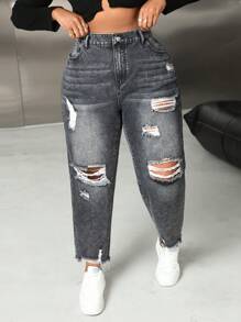 SHEIN SXY Plus Size Jeans Ripped Fit Tapered Pants Plus Size Black Jeans Black Jeans Pants Halloween Pants Going Out Bottoms Women Jeans Pants Fall Pants Denim Pants Fall Women Clothes Jeans Cowgirl Jeans