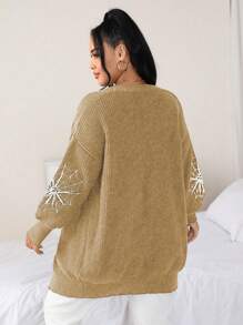 Flirla Plus Size Solid Color Long Sleeve Spider Web Pattern Minimalist Cardigan - Khaki - View 2