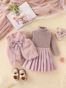 SHEIN 3件套女婴保暖毛绒上衣，舒适上衣搭配百褶裙，秋冬装 - 珊瑚粉 - 查看 3