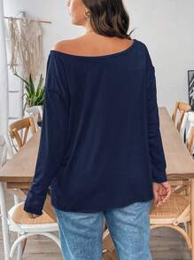 SHEIN Essnce 大码女式秋冬休闲舒适宽松长袖露肩蓝色 T 恤上衣、大码女式 T 恤、服装、秋季服装、不对称上衣、女式上衣、有袖上衣、秋装、可爱上衣、曲线上衣、宽松上衣