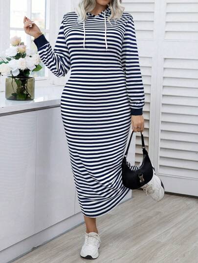Easura Plus Size Women Striped Long Sleeve Hooded Drawstring Casual Sweatshirt Dress For Spring & Autumn Pullover Fall Outfit Winter