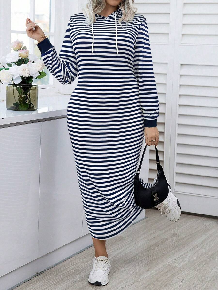 Calvaya Plus Size Women Striped Long Sleeve Hooded Drawstring Casual Sweatshirt Dress For Spring & Autumn Pullover Fall Outfit Winter - Blue - View 1