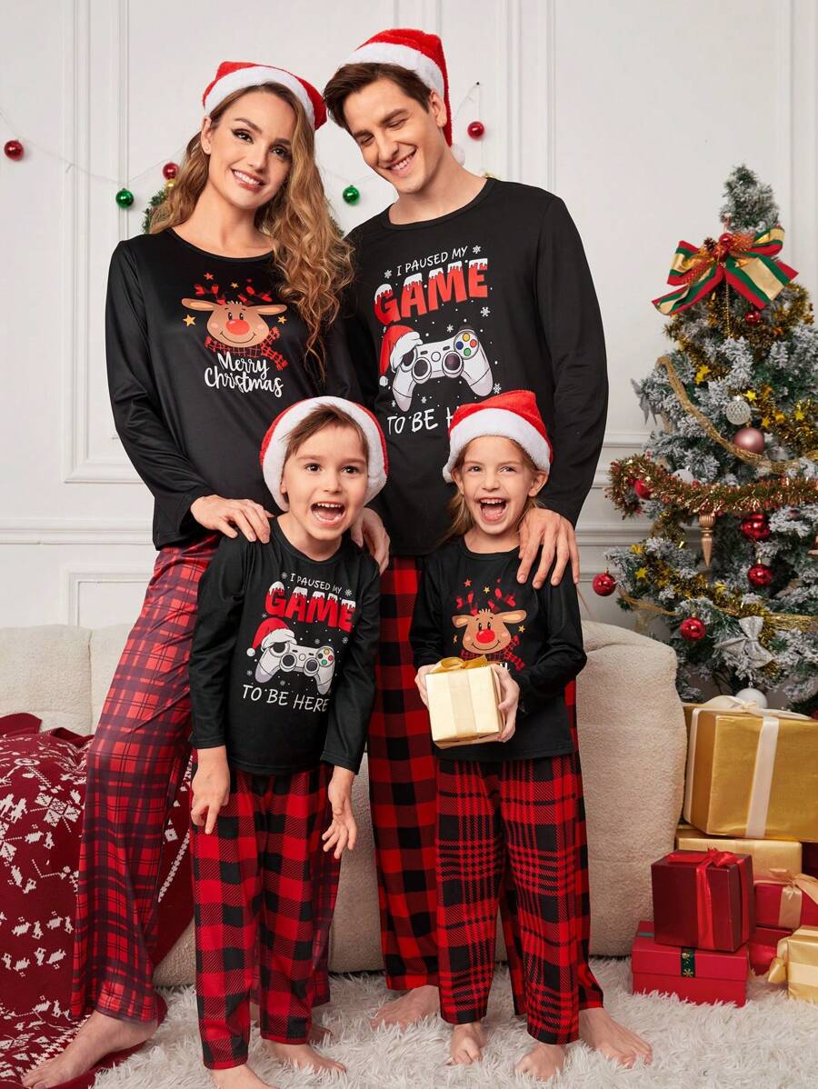 SHEIN Bộ đồ ngủ rộng rãi 2 món họa tiết hươu dễ thương cho bé gái và quần kẻ caro, trang phục gia đình đồng bộ (4 bộ bán riêng) - Đỏ - Xem 1